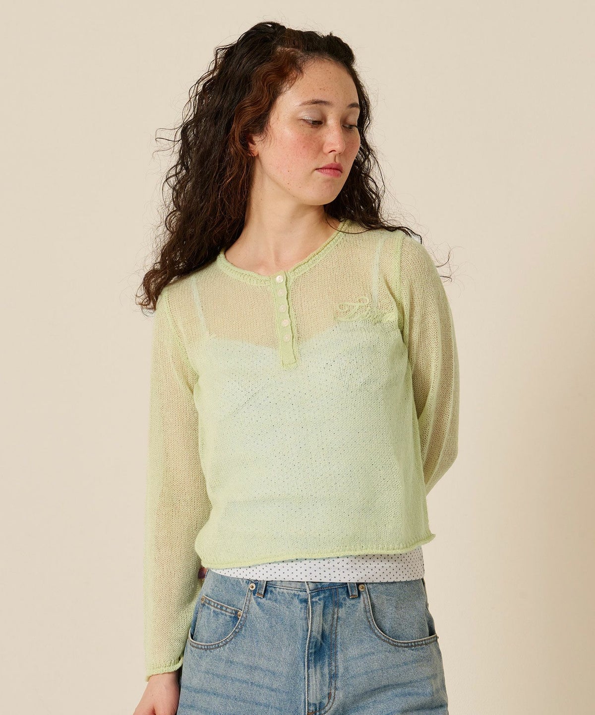 ニット/トップス/ヘンリーネック/シアー