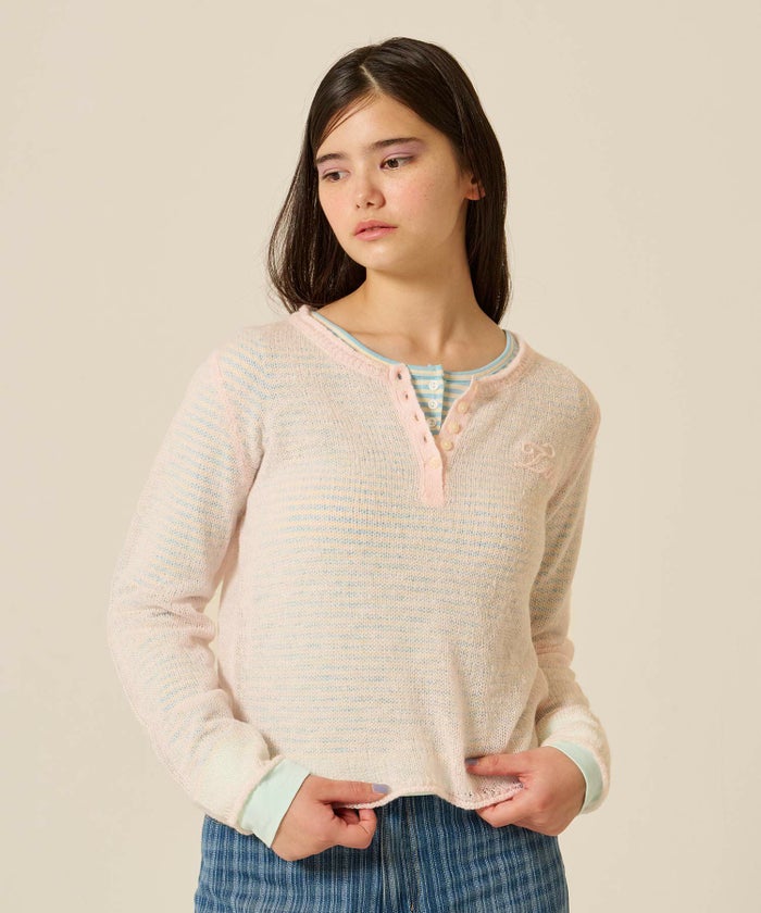 ニット/トップス/ヘンリーネック/シアー