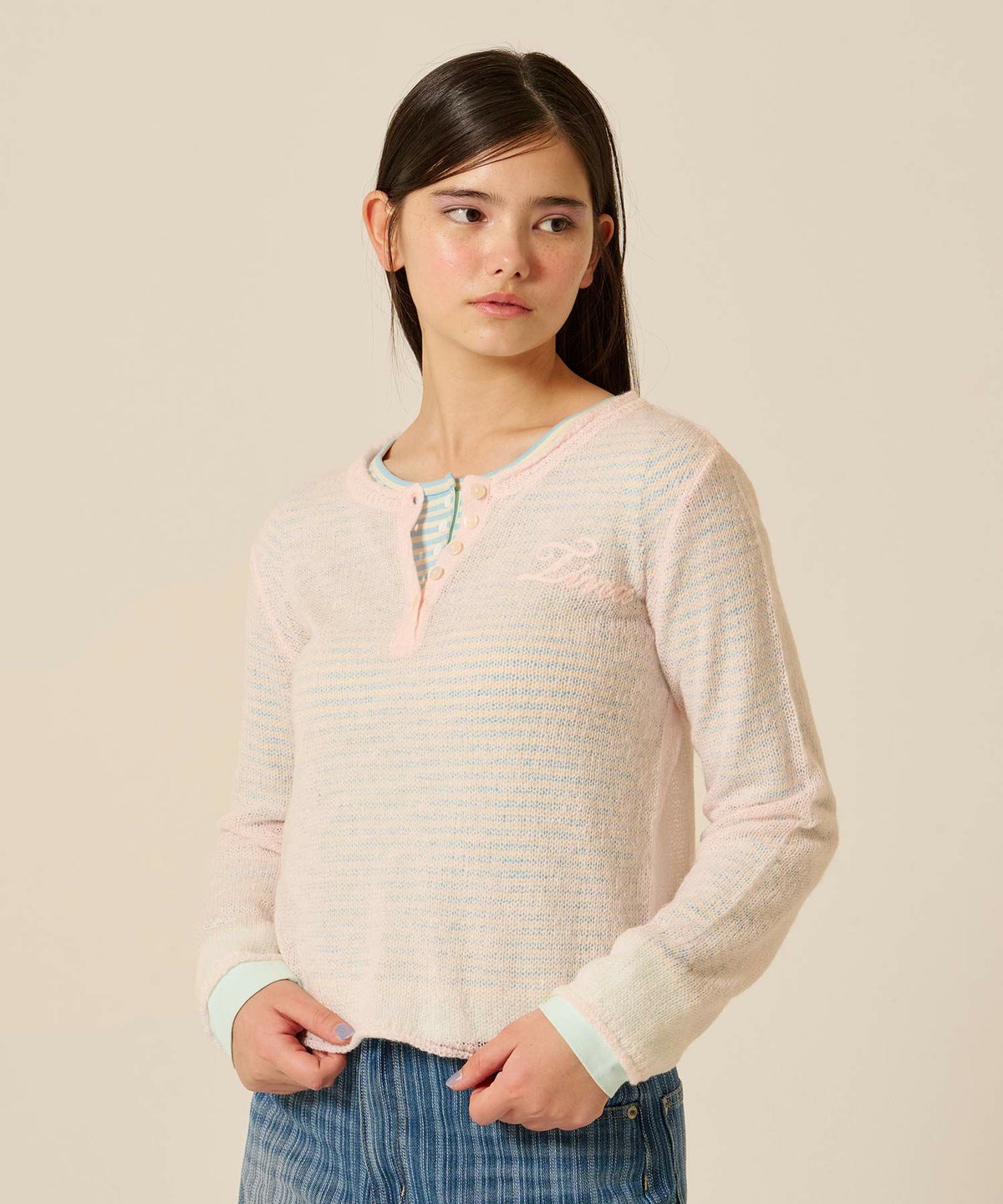 ニット/トップス/ヘンリーネック/シアー