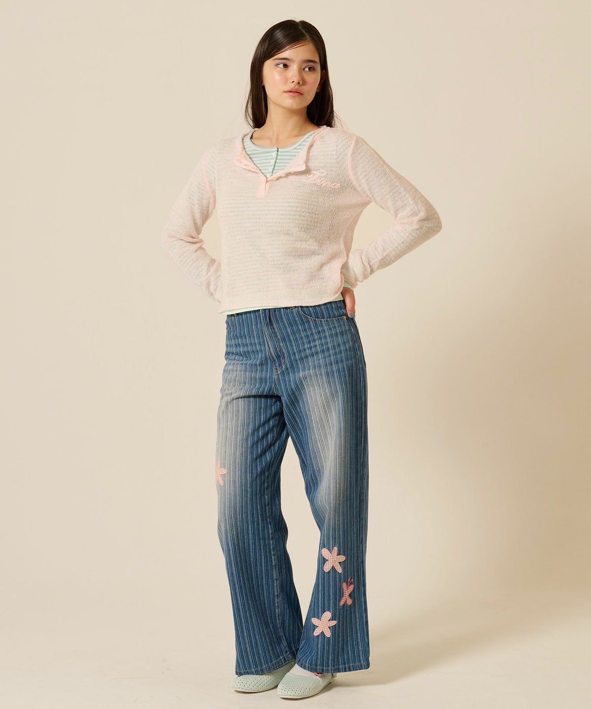 ニット/トップス/ヘンリーネック/シアー