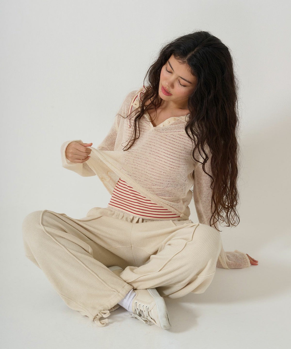 ニット/トップス/ヘンリーネック/シアー