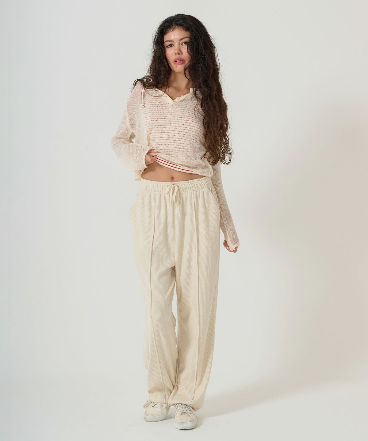 ニット/トップス/ヘンリーネック/シアー