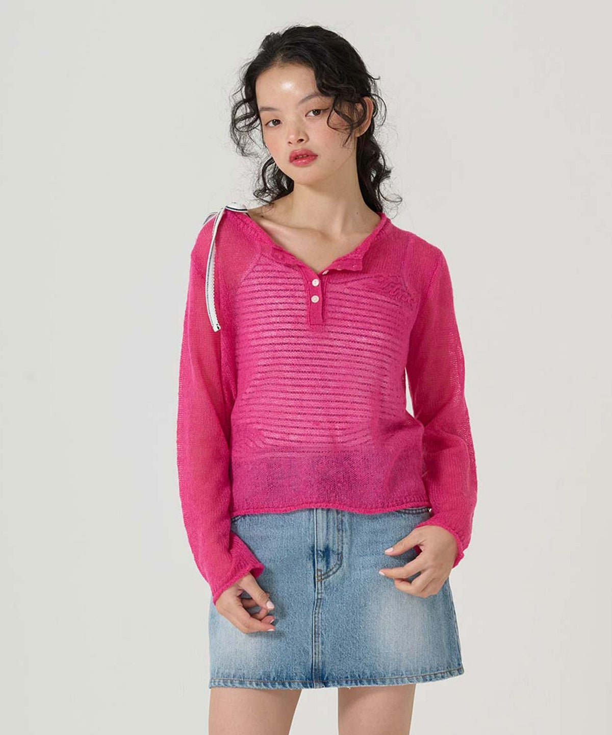 ニット/トップス/ヘンリーネック/シアー