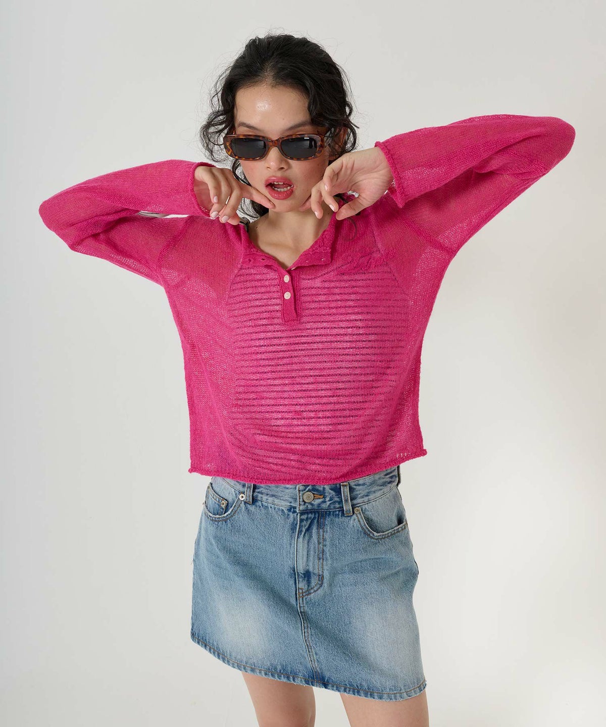 ニット/トップス/ヘンリーネック/シアー