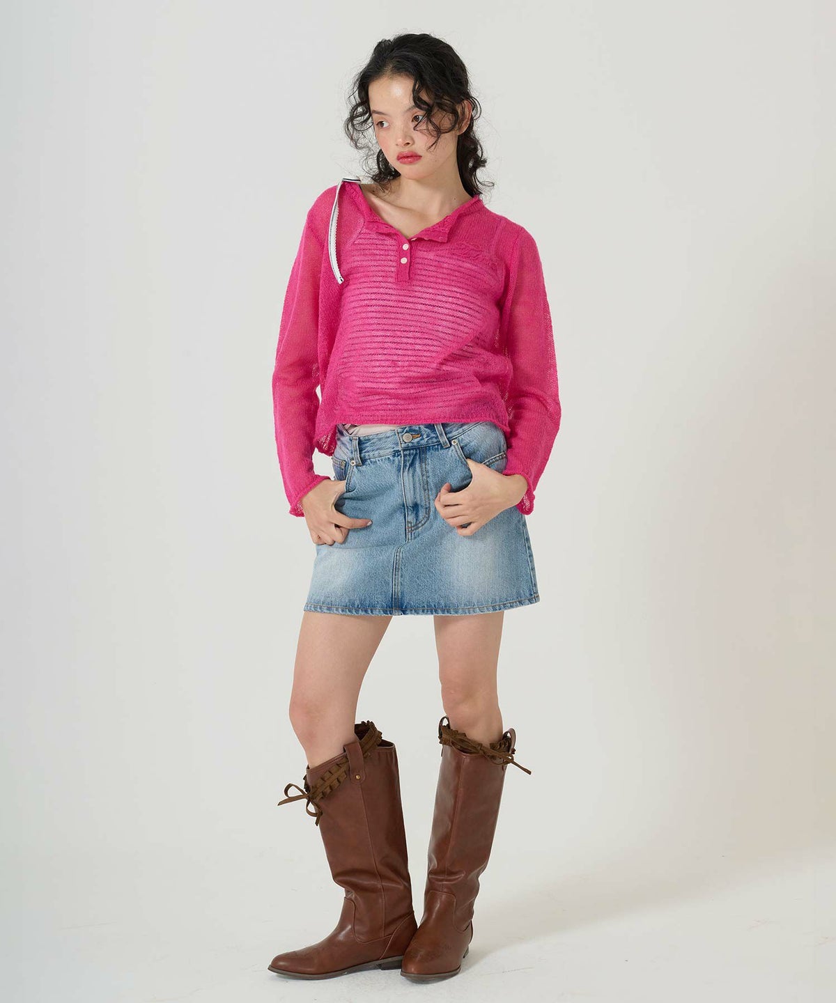 ニット/トップス/ヘンリーネック/シアー