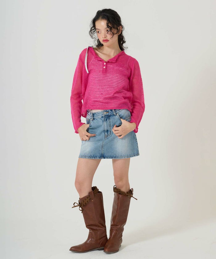 ニット/トップス/ヘンリーネック/シアー