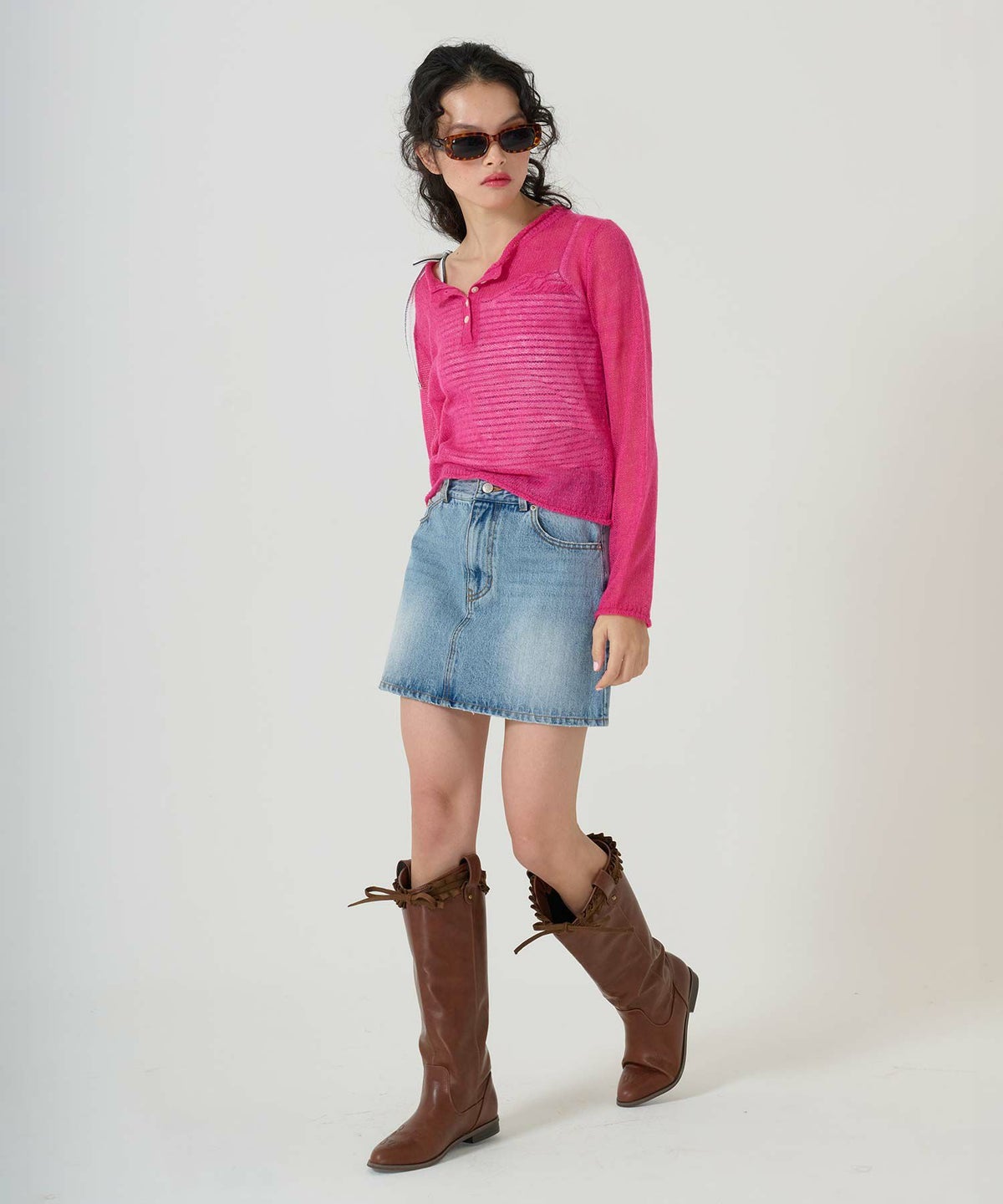 ニット/トップス/ヘンリーネック/シアー