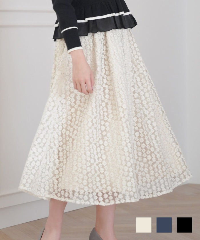 セレクト スカート フレア ロング レース 白 黒 ウエストゴム 春 かわいい コーデ きれいめ ジョイントスペース 刺繍フラワーレース スカート Prima Scherrer plus