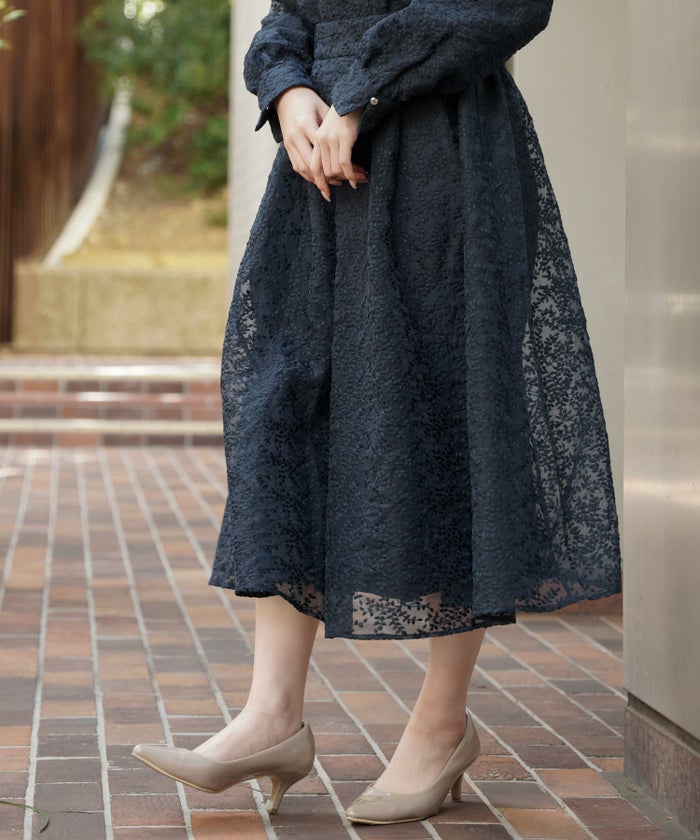 セレクトスカートフレアロングレース白黒ウエストゴム春かわいいコーデきれいめジョイントスペース