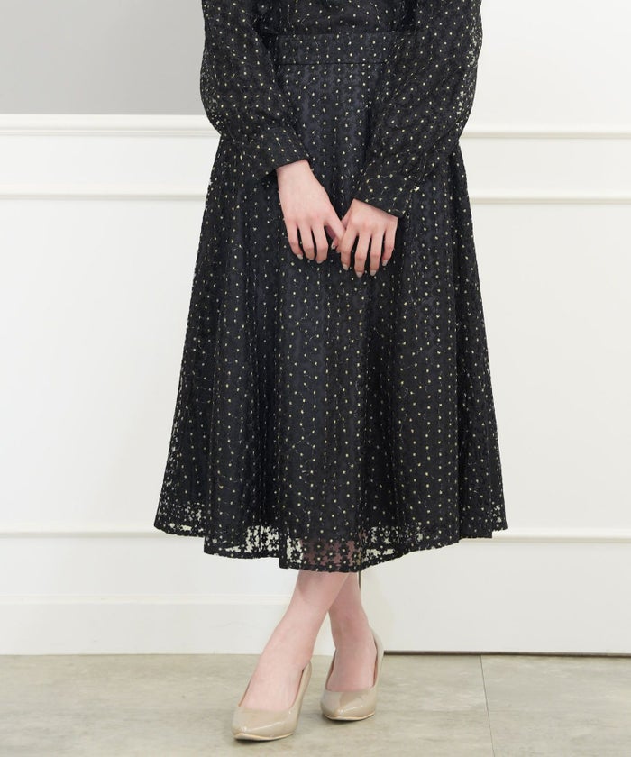 セレクトスカートフレアロングレース白黒ウエストゴム春かわいいコーデきれいめジョイントスペース