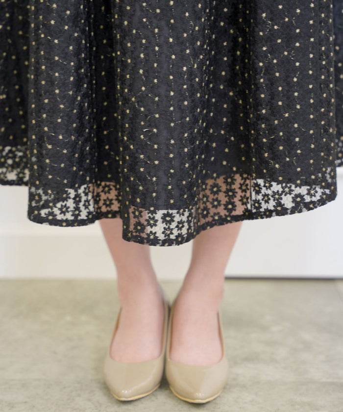 セレクトスカートフレアロングレース白黒ウエストゴム春かわいいコーデきれいめジョイントスペース