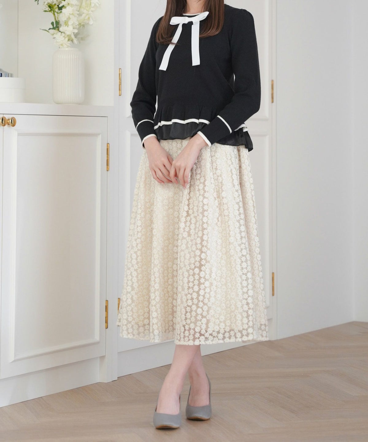 セレクトスカートフレアロングレース白黒ウエストゴム春かわいいコーデきれいめジョイントスペース