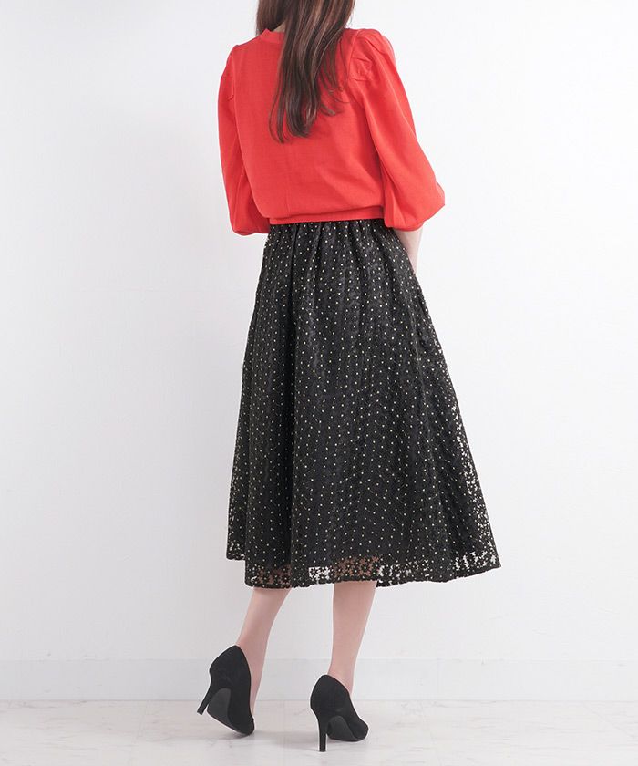 セレクトスカートフレアロングレース白黒ウエストゴム春かわいいコーデきれいめジョイントスペース