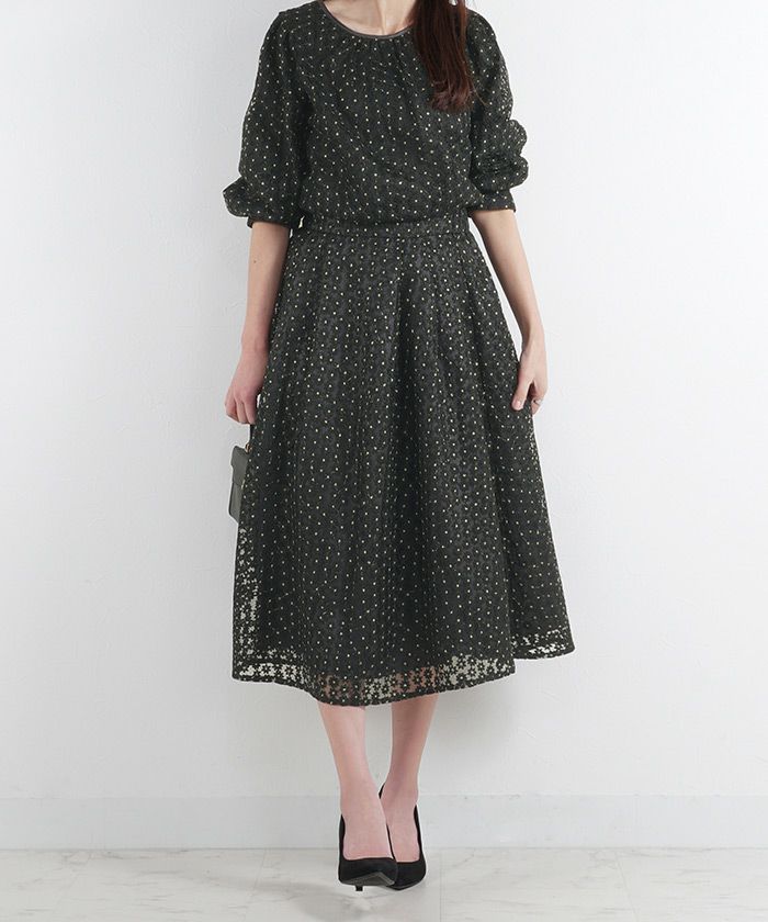 セレクトスカートフレアロングレース白黒ウエストゴム春かわいいコーデきれいめジョイントスペース