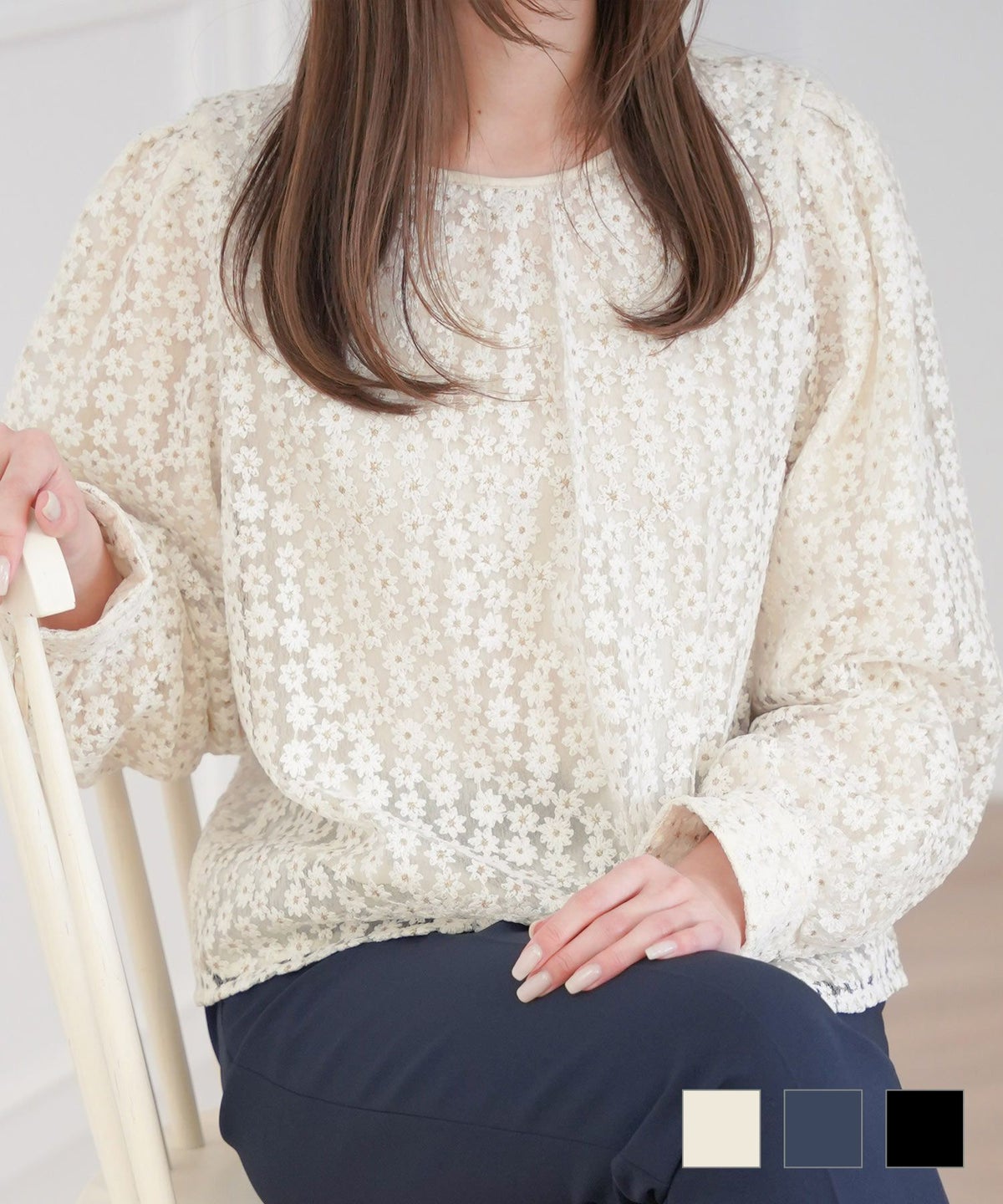 セレクト トップス レディース ブラウス 白 黒 お洒落 リボン 花柄 シアー かわいい オフィス ジョイントスペース 刺繍フラワーレース ブラウス Prima Scherrer plus