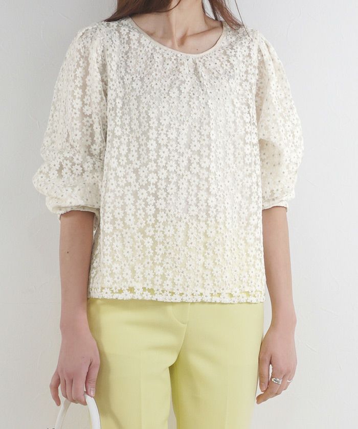 セレクトトップスレディースブラウス白黒お洒落リボン花柄シアーかわいいオフィスジョイントスペース