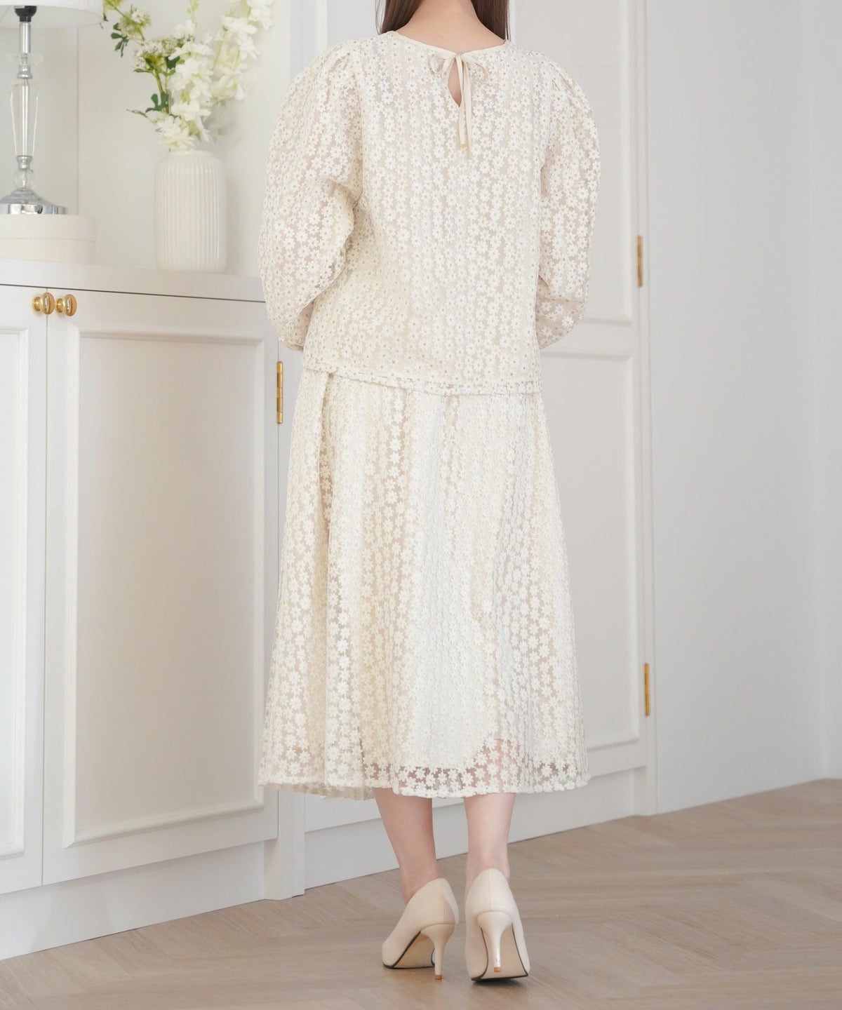 セレクトトップスレディースブラウス白黒お洒落リボン花柄シアーかわいいオフィスジョイントスペース