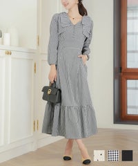 ハイウエスト 春 秋 ドット ハート フロッキー ギンガム ギンガムチェック ブラック バイカラー 異素材 配色 フェミニン 上品 エレガント 大人 可愛い かわいい 推し活 コーデ 肩リボン アソートパターン ワンピース le reve vaniller