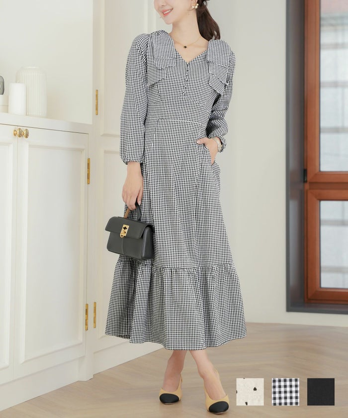 ハイウエスト 春 秋 ドット ハート フロッキー ギンガム ギンガムチェック ブラック バイカラー 異素材 配色 フェミニン 上品 エレガント 大人 可愛い かわいい 推し活 コーデ 肩リボン アソートパターン ワンピース le reve vaniller