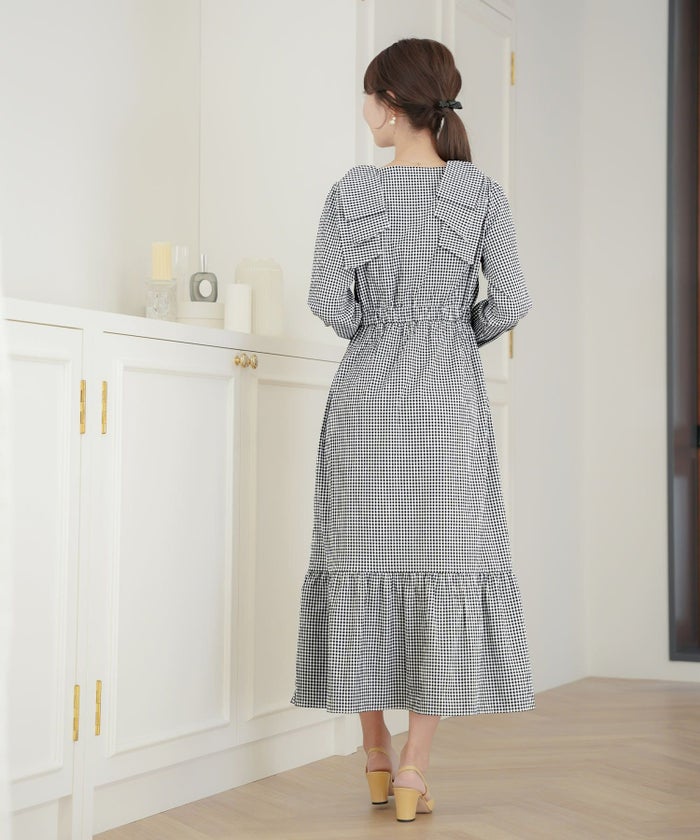 レディース/ワンピース/Vネック/前あき/くるみ釦/肩リボン/リボン/ビックリボン/レイヤード/ハイウエスト/春/秋/ドット/ハート/フロッキー/ギンガム/ギンガムチェック/ブラック/バイカラー/異素材/配色/フェミニン/上品/エレガント/大人/可愛い/かわいい/推し活/コーデ