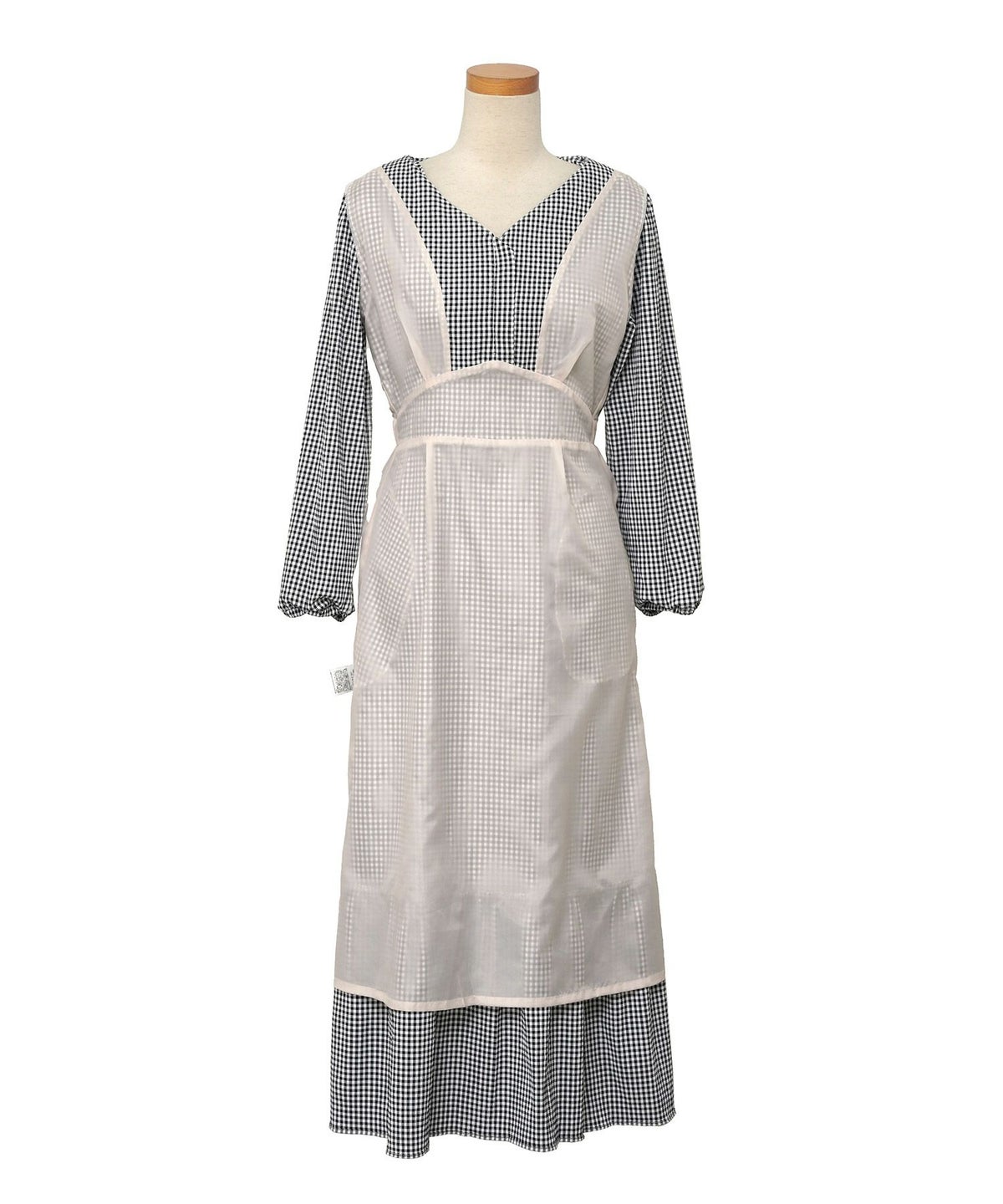 レディース/ワンピース/Vネック/前あき/くるみ釦/肩リボン/リボン/ビックリボン/レイヤード/ハイウエスト/春/秋/ドット/ハート/フロッキー/ギンガム/ギンガムチェック/ブラック/バイカラー/異素材/配色/フェミニン/上品/エレガント/大人/可愛い/かわいい/推し活/コーデ