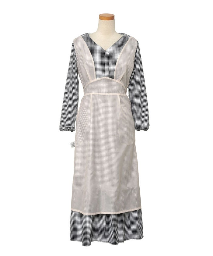 レディース/ワンピース/Vネック/前あき/くるみ釦/肩リボン/リボン/ビックリボン/レイヤード/ハイウエスト/春/秋/ドット/ハート/フロッキー/ギンガム/ギンガムチェック/ブラック/バイカラー/異素材/配色/フェミニン/上品/エレガント/大人/可愛い/かわいい/推し活/コーデ