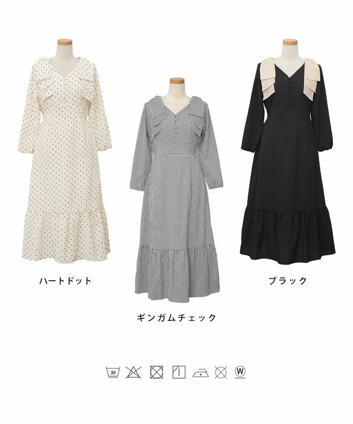 レディース/ワンピース/Vネック/前あき/くるみ釦/肩リボン/リボン/ビックリボン/レイヤード/ハイウエスト/春/秋/ドット/ハート/フロッキー/ギンガム/ギンガムチェック/ブラック/バイカラー/異素材/配色/フェミニン/上品/エレガント/大人/可愛い/かわいい/推し活/コーデ