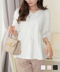 レディース トップス ブラウス カットソー ペプラム 5分袖 6分袖 半袖 夏 春 リボン 柄 チュール 異素材 伸縮 カジュアル フェミニン エレガント 上品 ギャザー リボンスリーブ 異素材 ペプラム ジョーゼット カットソー le reve vaniller