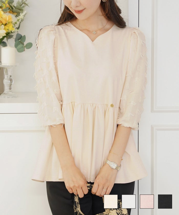 レディース トップス ブラウス カットソー ペプラム 5分袖 6分袖 半袖 夏 春 リボン 柄 チュール 異素材 伸縮 カジュアル フェミニン エレガント 上品 ギャザー リボンスリーブ 異素材 ペプラム ジョーゼット カットソー le reve vaniller