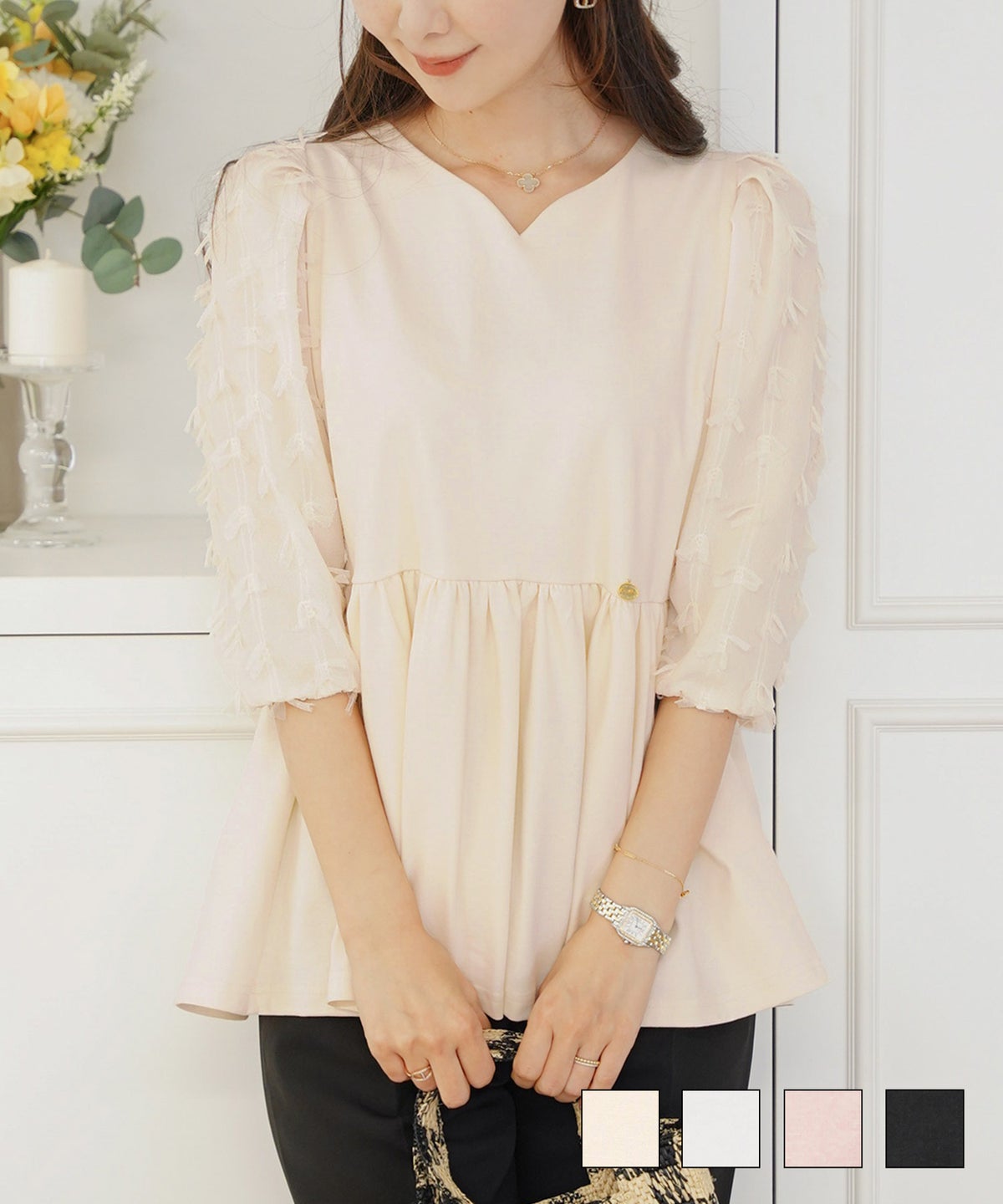 リボンスリーブ 異素材 ペプラム ジョーゼット カットソー le reve vaniller