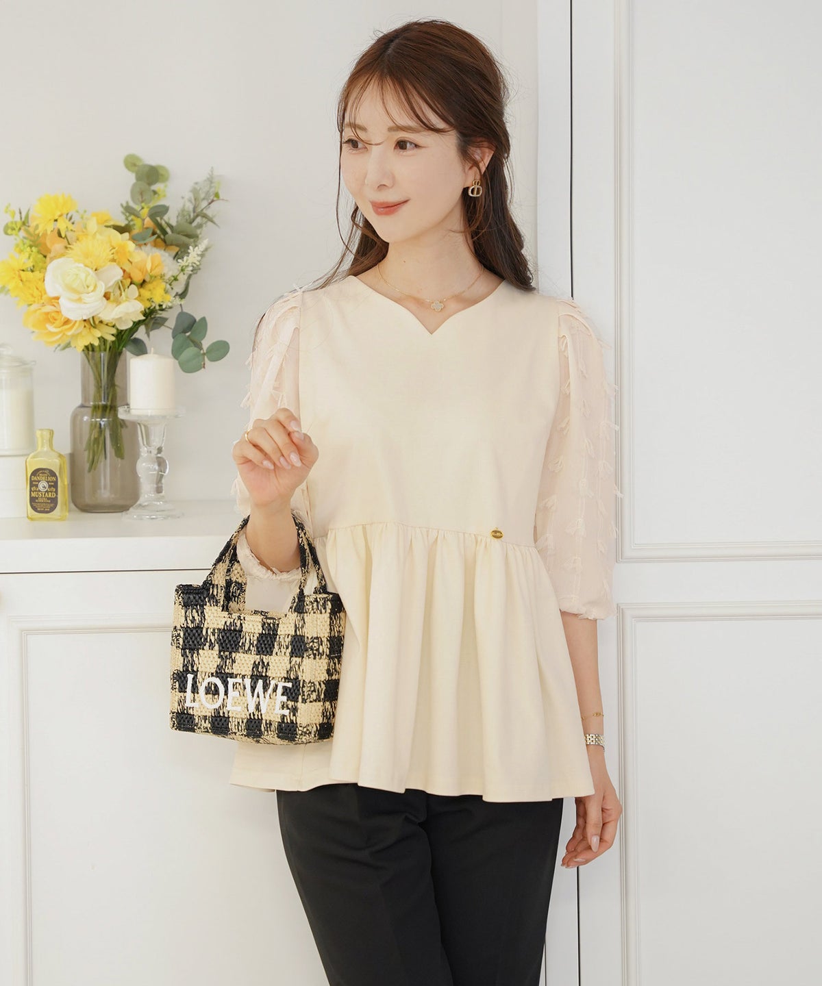 レディース/トップス/ブラウス/カットソー/ペプラム/5分袖/6分袖/半袖/夏/春/リボン/柄/チュール/異素材/伸縮/カジュアル/フェミニン/エレガント/上品/ギャザー