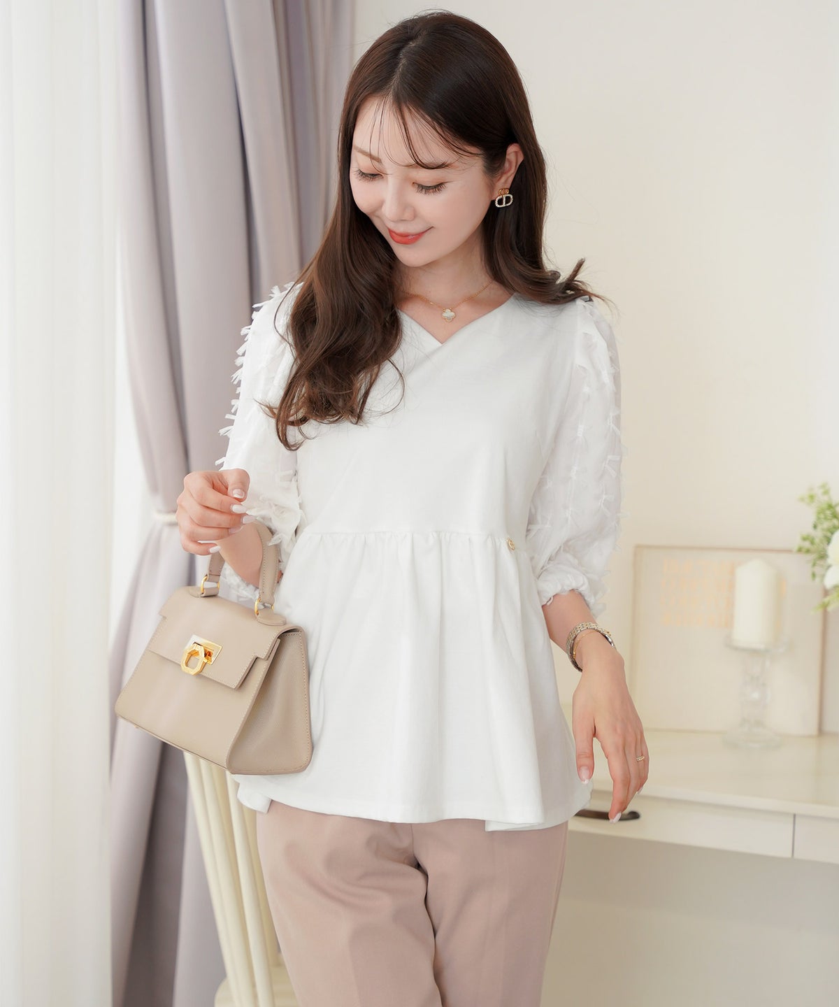 レディース トップス ブラウス カットソー ペプラム 5分袖 6分袖 半袖 夏 春 リボン 柄 チュール 異素材 伸縮 カジュアル フェミニン エレガント 上品 ギャザー