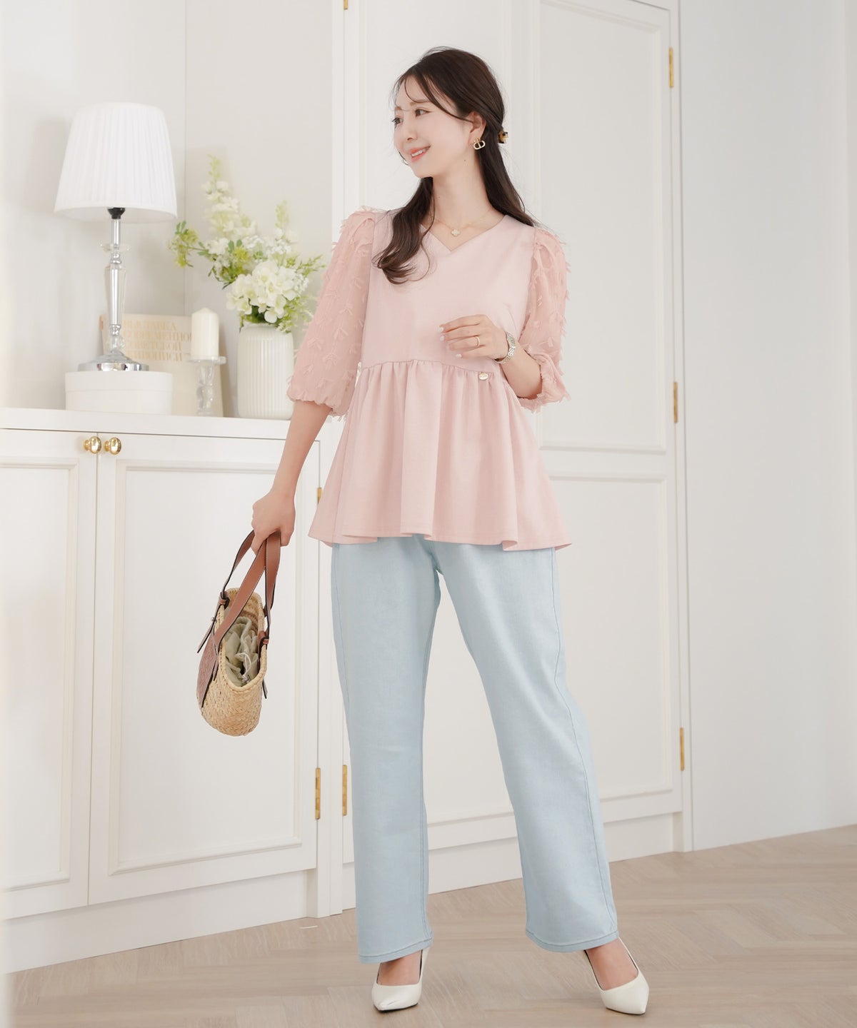 レディース トップス ブラウス カットソー ペプラム 5分袖 6分袖 半袖 夏 春 リボン 柄 チュール 異素材 伸縮 カジュアル フェミニン エレガント 上品 ギャザー