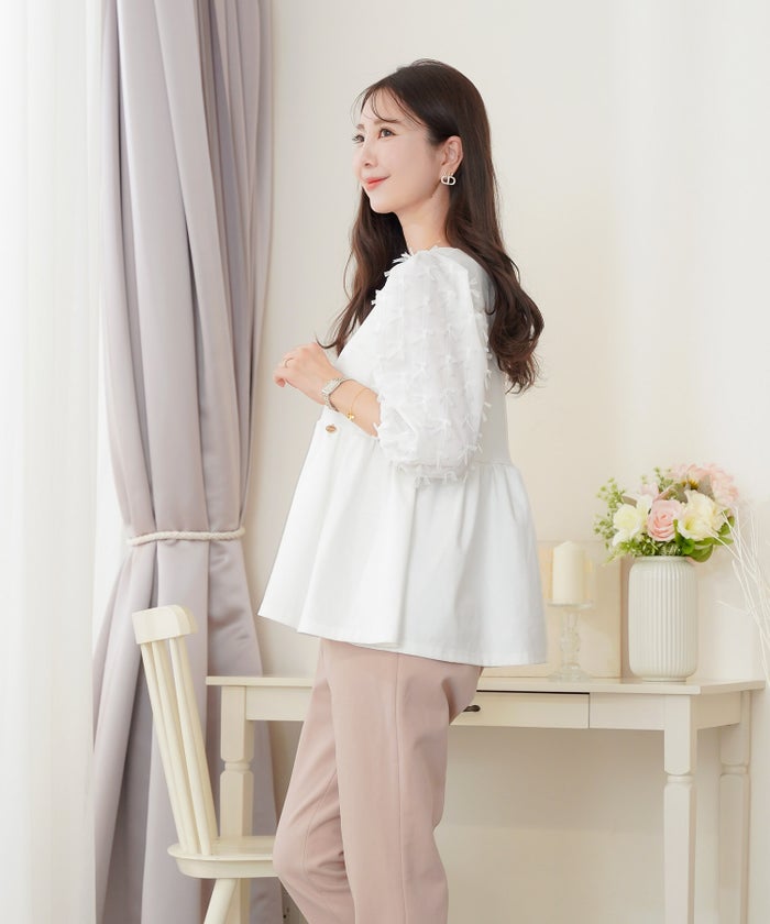 レディース/トップス/ブラウス/カットソー/ペプラム/5分袖/6分袖/半袖/夏/春/リボン/柄/チュール/異素材/伸縮/カジュアル/フェミニン/エレガント/上品/ギャザー