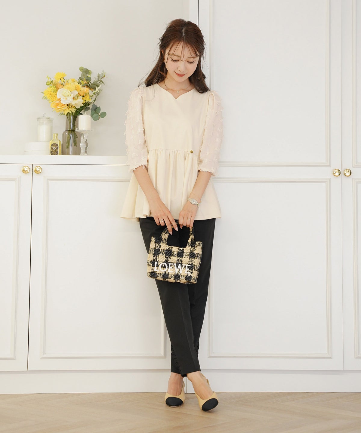 レディース/トップス/ブラウス/カットソー/ペプラム/5分袖/6分袖/半袖/夏/春/リボン/柄/チュール/異素材/伸縮/カジュアル/フェミニン/エレガント/上品/ギャザー