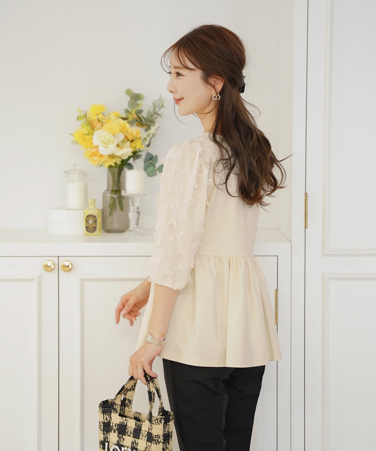 レディース/トップス/ブラウス/カットソー/ペプラム/5分袖/6分袖/半袖/夏/春/リボン/柄/チュール/異素材/伸縮/カジュアル/フェミニン/エレガント/上品/ギャザー