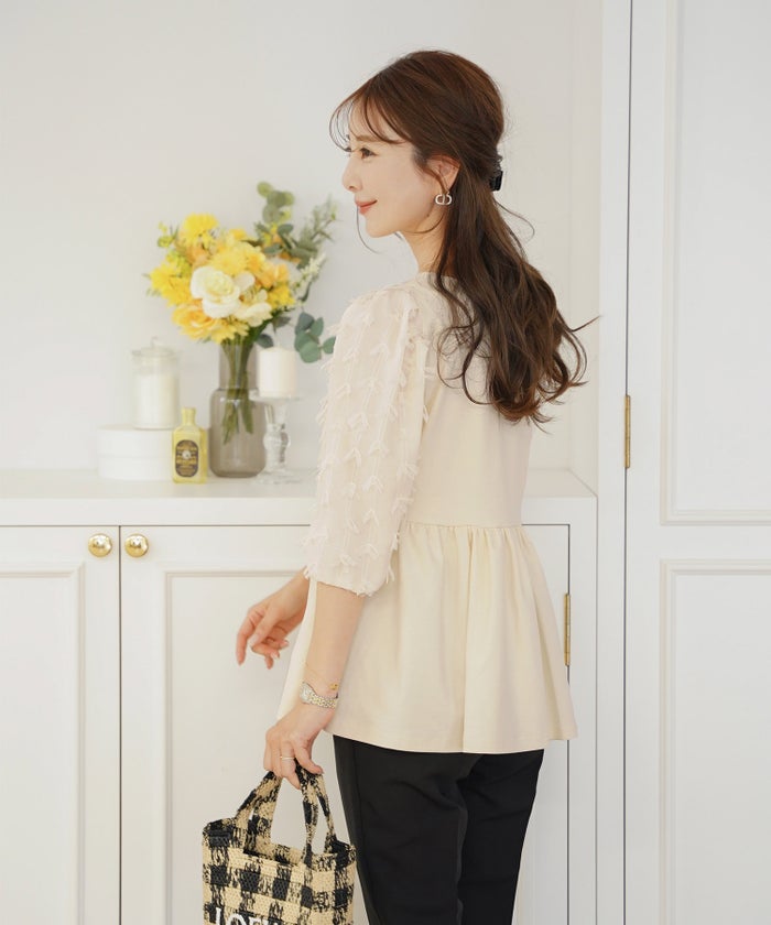 レディース/トップス/ブラウス/カットソー/ペプラム/5分袖/6分袖/半袖/夏/春/リボン/柄/チュール/異素材/伸縮/カジュアル/フェミニン/エレガント/上品/ギャザー