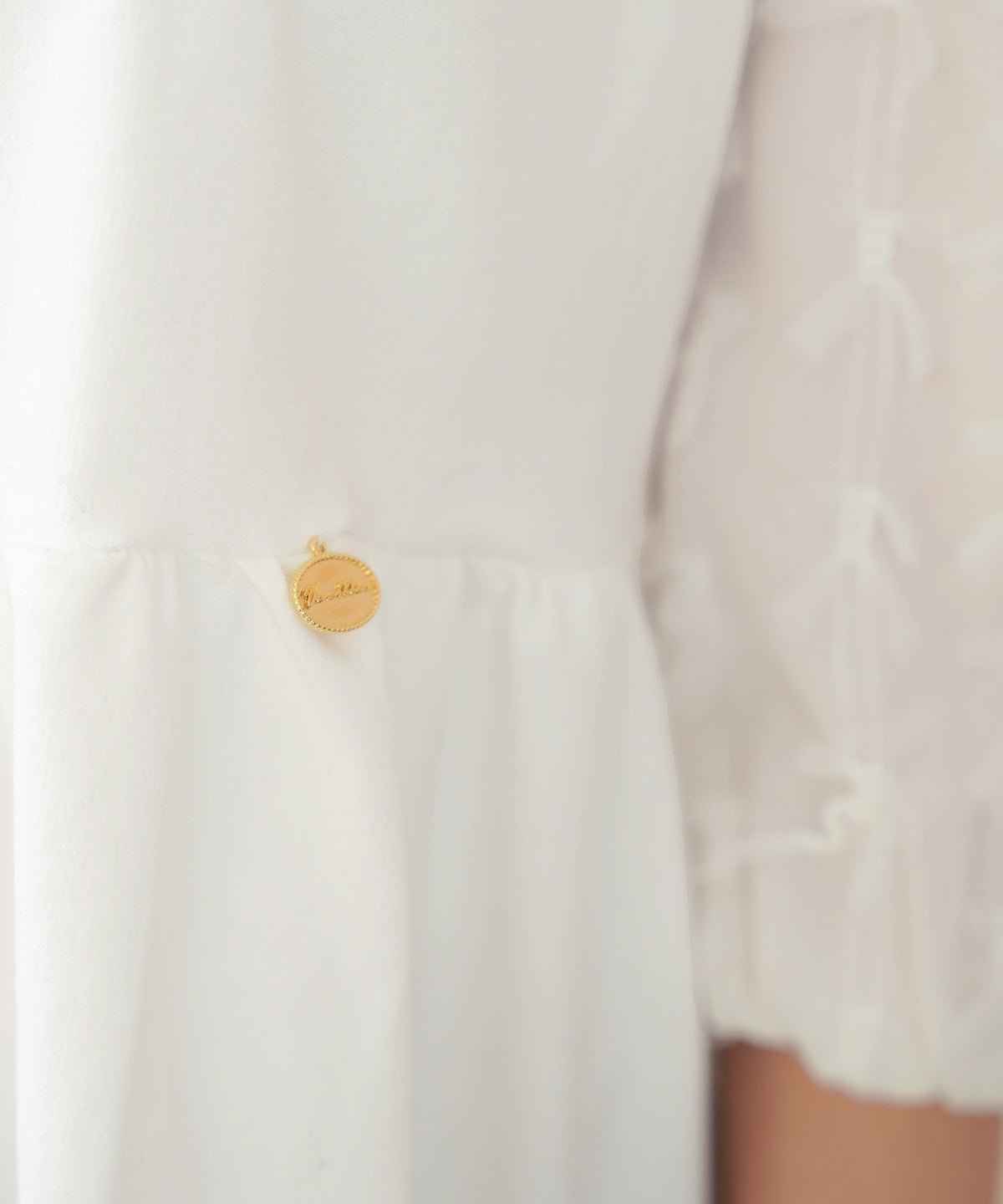 レディース/トップス/ブラウス/カットソー/ペプラム/5分袖/6分袖/半袖/夏/春/リボン/柄/チュール/異素材/伸縮/カジュアル/フェミニン/エレガント/上品/ギャザー