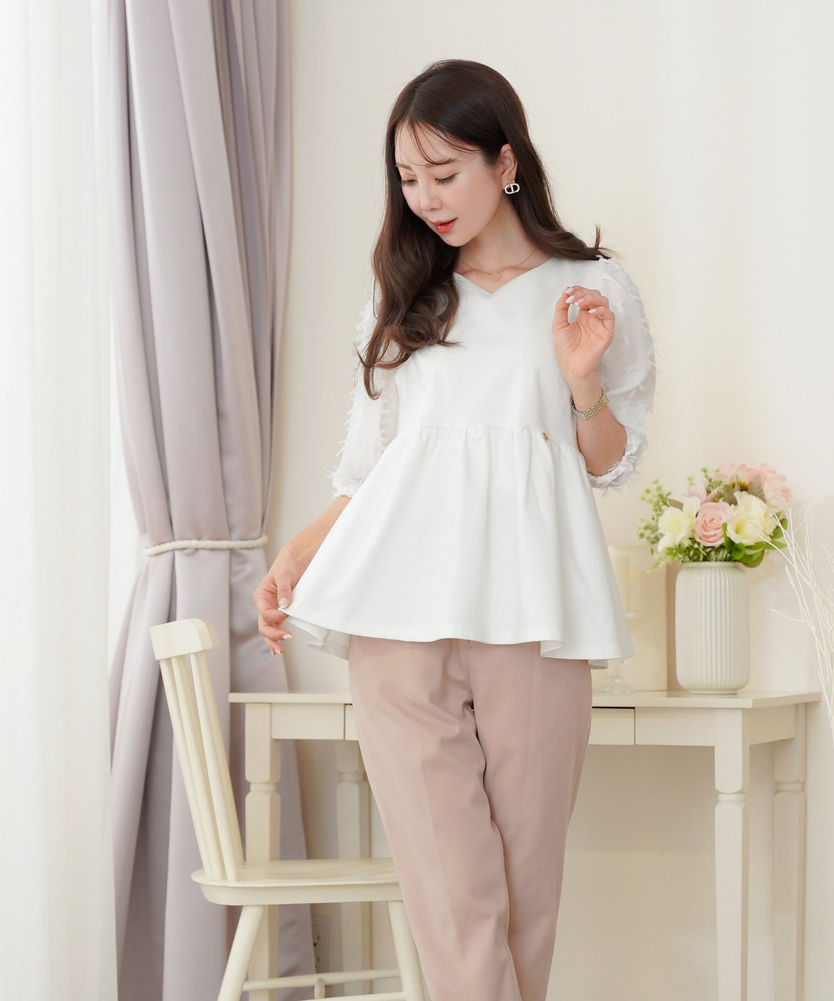 レディース/トップス/ブラウス/カットソー/ペプラム/5分袖/6分袖/半袖/夏/春/リボン/柄/チュール/異素材/伸縮/カジュアル/フェミニン/エレガント/上品/ギャザー