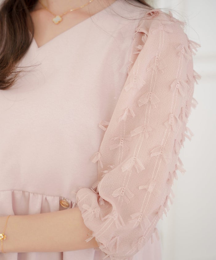 レディース/トップス/ブラウス/カットソー/ペプラム/5分袖/6分袖/半袖/夏/春/リボン/柄/チュール/異素材/伸縮/カジュアル/フェミニン/エレガント/上品/ギャザー