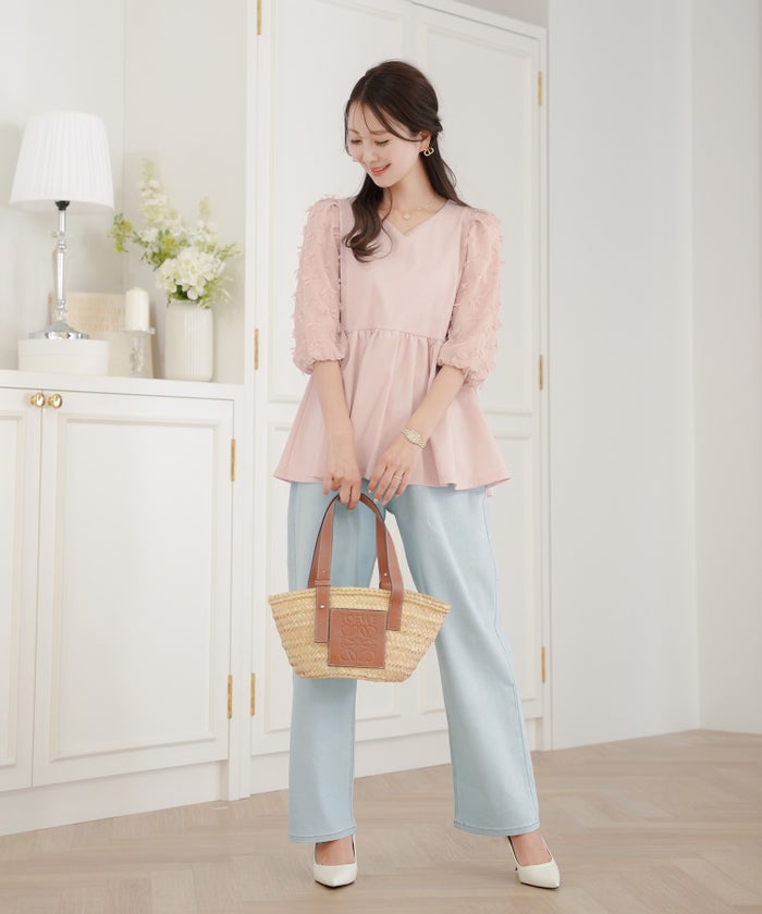 レディース/トップス/ブラウス/カットソー/ペプラム/5分袖/6分袖/半袖/夏/春/リボン/柄/チュール/異素材/伸縮/カジュアル/フェミニン/エレガント/上品/ギャザー