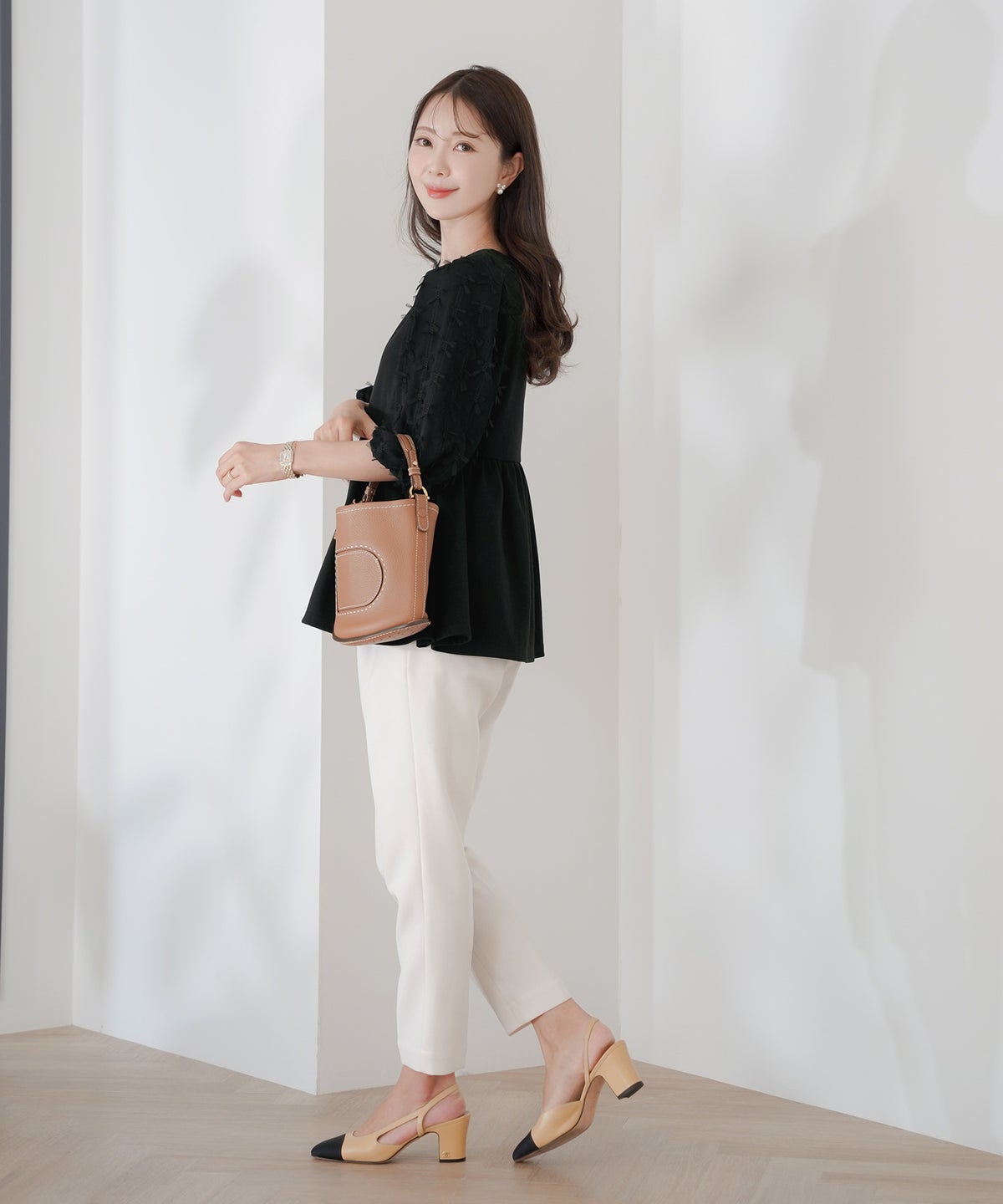 レディース/トップス/ブラウス/カットソー/ペプラム/5分袖/6分袖/半袖/夏/春/リボン/柄/チュール/異素材/伸縮/カジュアル/フェミニン/エレガント/上品/ギャザー