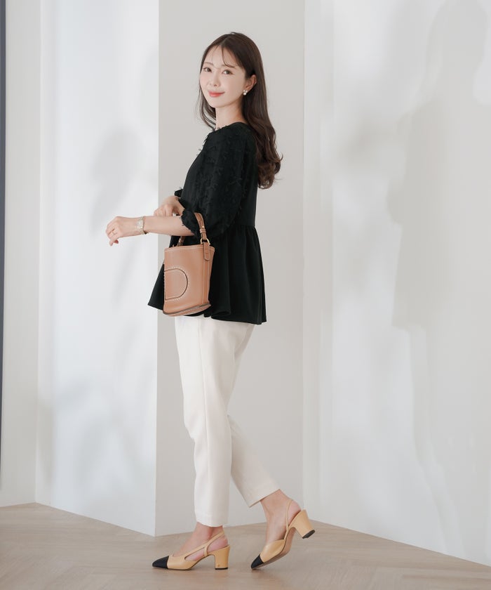 レディース/トップス/ブラウス/カットソー/ペプラム/5分袖/6分袖/半袖/夏/春/リボン/柄/チュール/異素材/伸縮/カジュアル/フェミニン/エレガント/上品/ギャザー