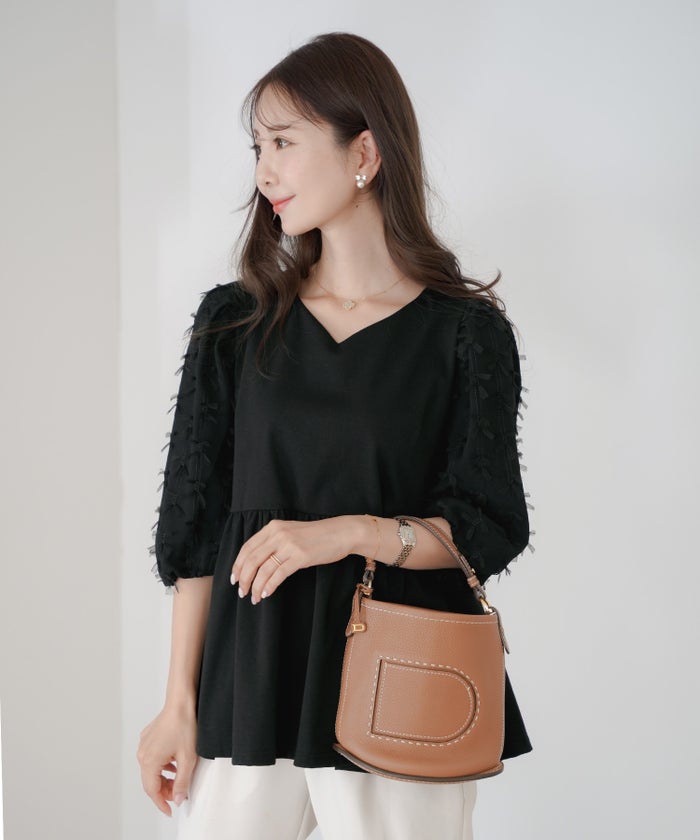 レディース/トップス/ブラウス/カットソー/ペプラム/5分袖/6分袖/半袖/夏/春/リボン/柄/チュール/異素材/伸縮/カジュアル/フェミニン/エレガント/上品/ギャザー