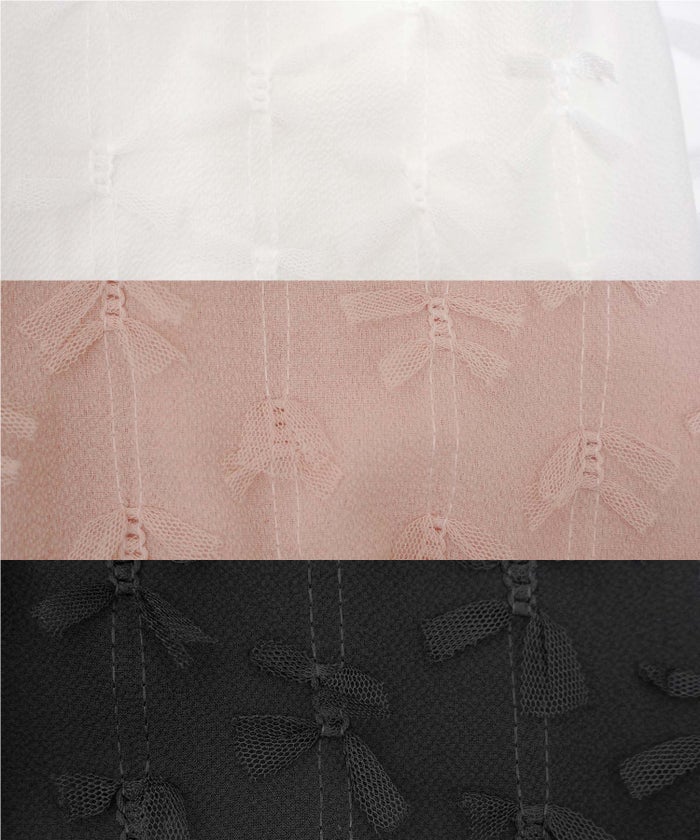 レディース トップス ブラウス カットソー ペプラム 5分袖 6分袖 半袖 夏 春 リボン 柄 チュール 異素材 伸縮 カジュアル フェミニン エレガント 上品 ギャザー