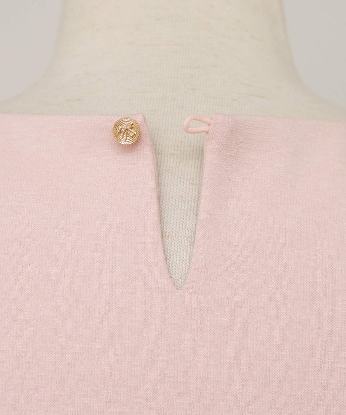 レディース トップス ブラウス カットソー ペプラム 5分袖 6分袖 半袖 夏 春 リボン 柄 チュール 異素材 伸縮 カジュアル フェミニン エレガント 上品 ギャザー