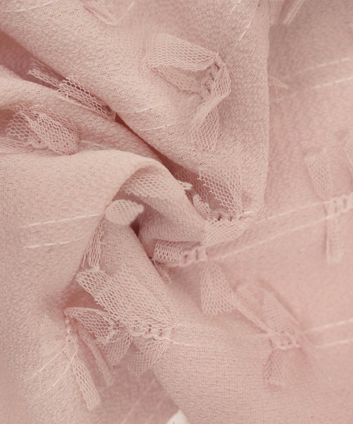 レディース トップス ブラウス カットソー ペプラム 5分袖 6分袖 半袖 夏 春 リボン 柄 チュール 異素材 伸縮 カジュアル フェミニン エレガント 上品 ギャザー