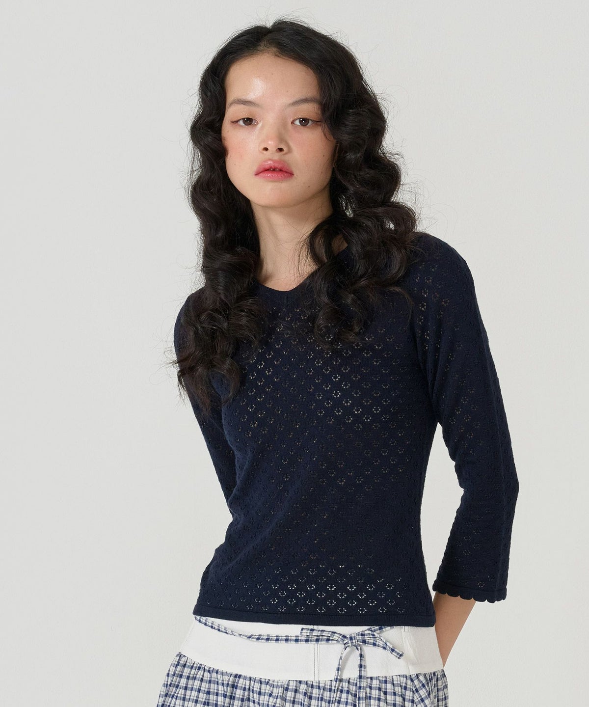 ニット/トップス/七分丈/透かし編み