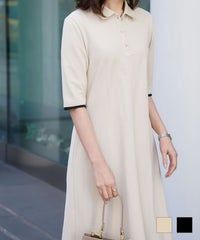レディース ロングワンピース ポロ 夏 薄手 オフィス きれいめ  バイカラー ベージュ ブラック M ポロネック 5分丈 ポロシャツ ワンピース HUIT