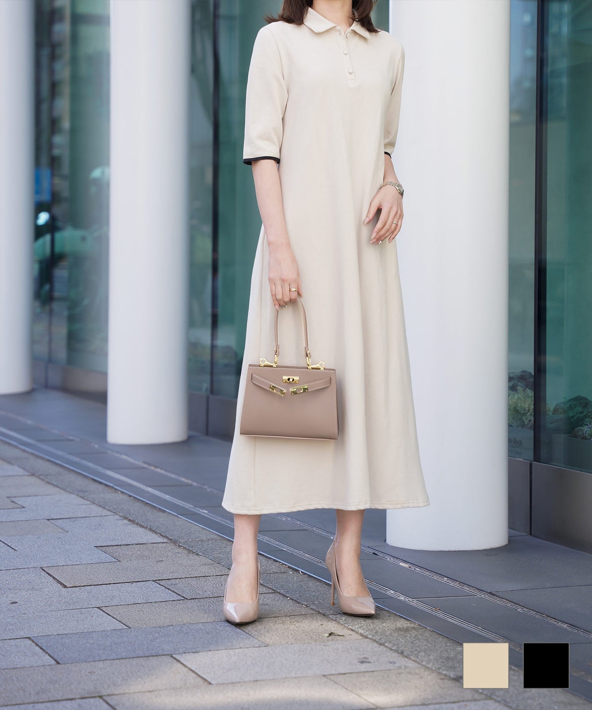 レディース ロングワンピース ポロ 夏 薄手 オフィス きれいめ  バイカラー ベージュ ブラック M ポロネック 5分丈 ポロシャツ ワンピース HUIT
